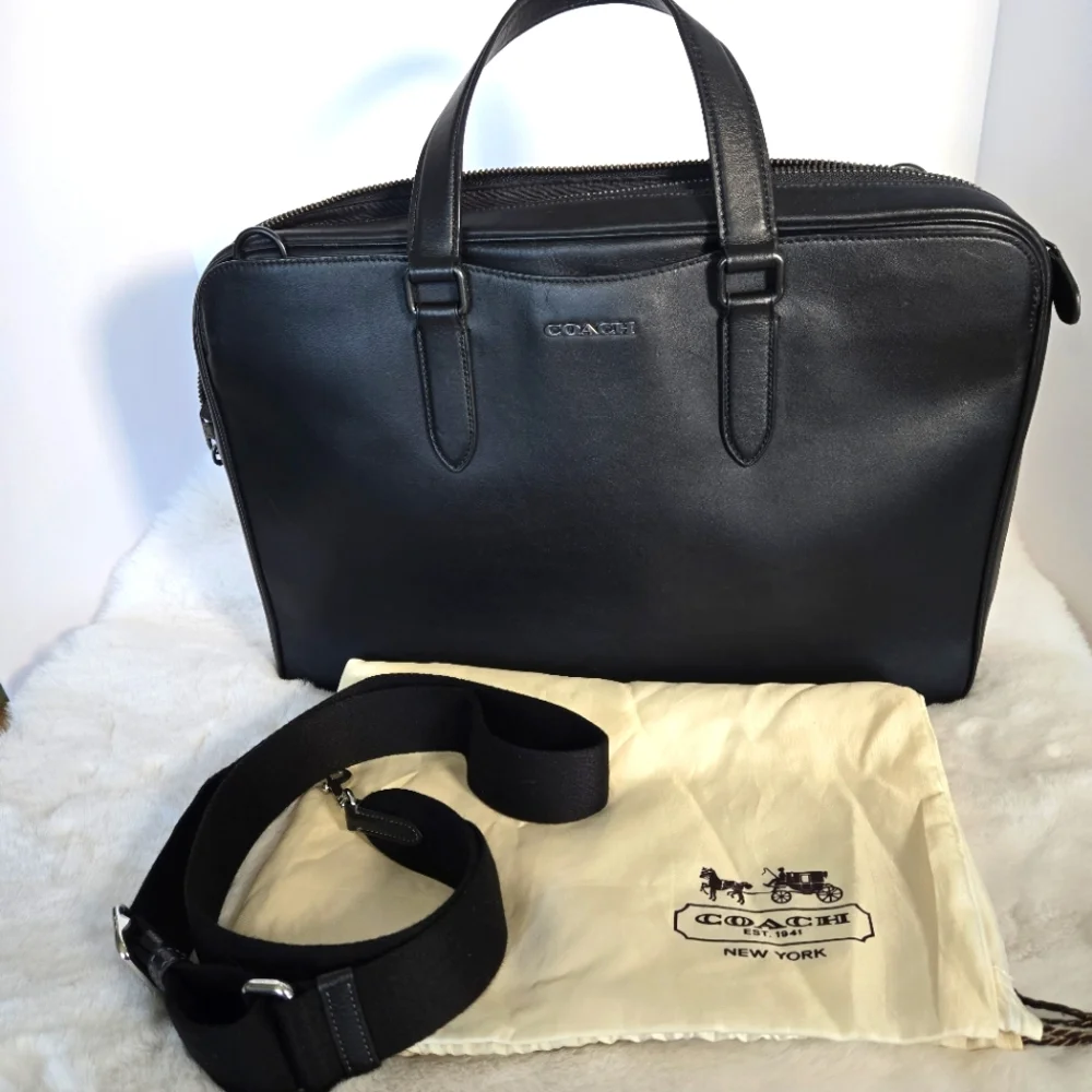 Coach Black Leather Graham Slim Briefcase with Gunmetal Accent Hardware C8170